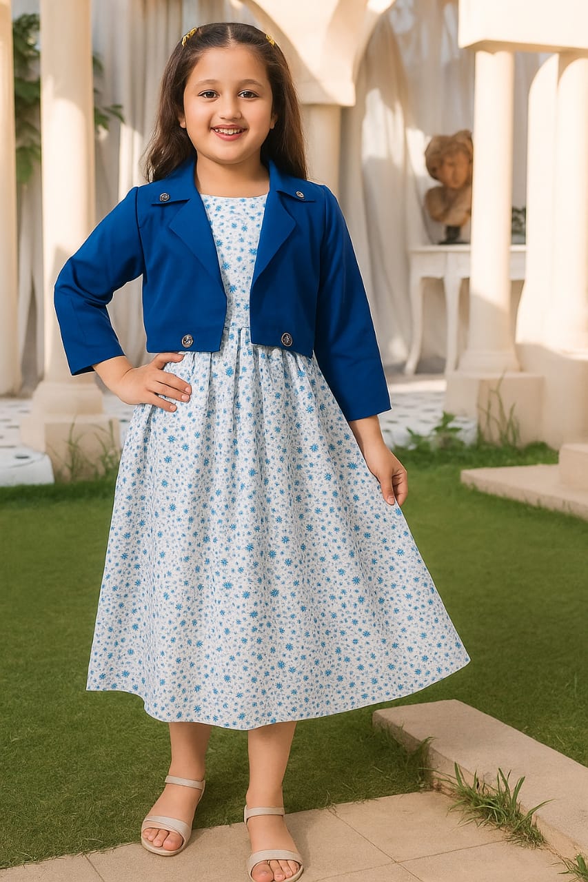 Young girl wearing a blue jacket over a floral dress in an outdoor setting.