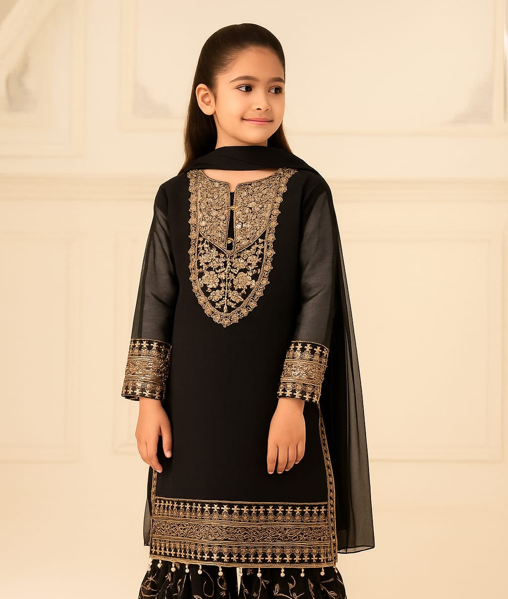 3 Piece Embroidery Chiffon Festive Gharara Suit.