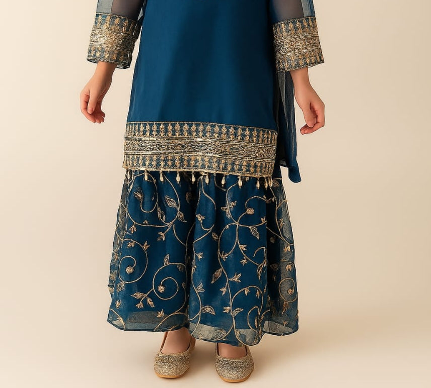 3 Piece Embroidery Chiffon Festive Gharara Suit.