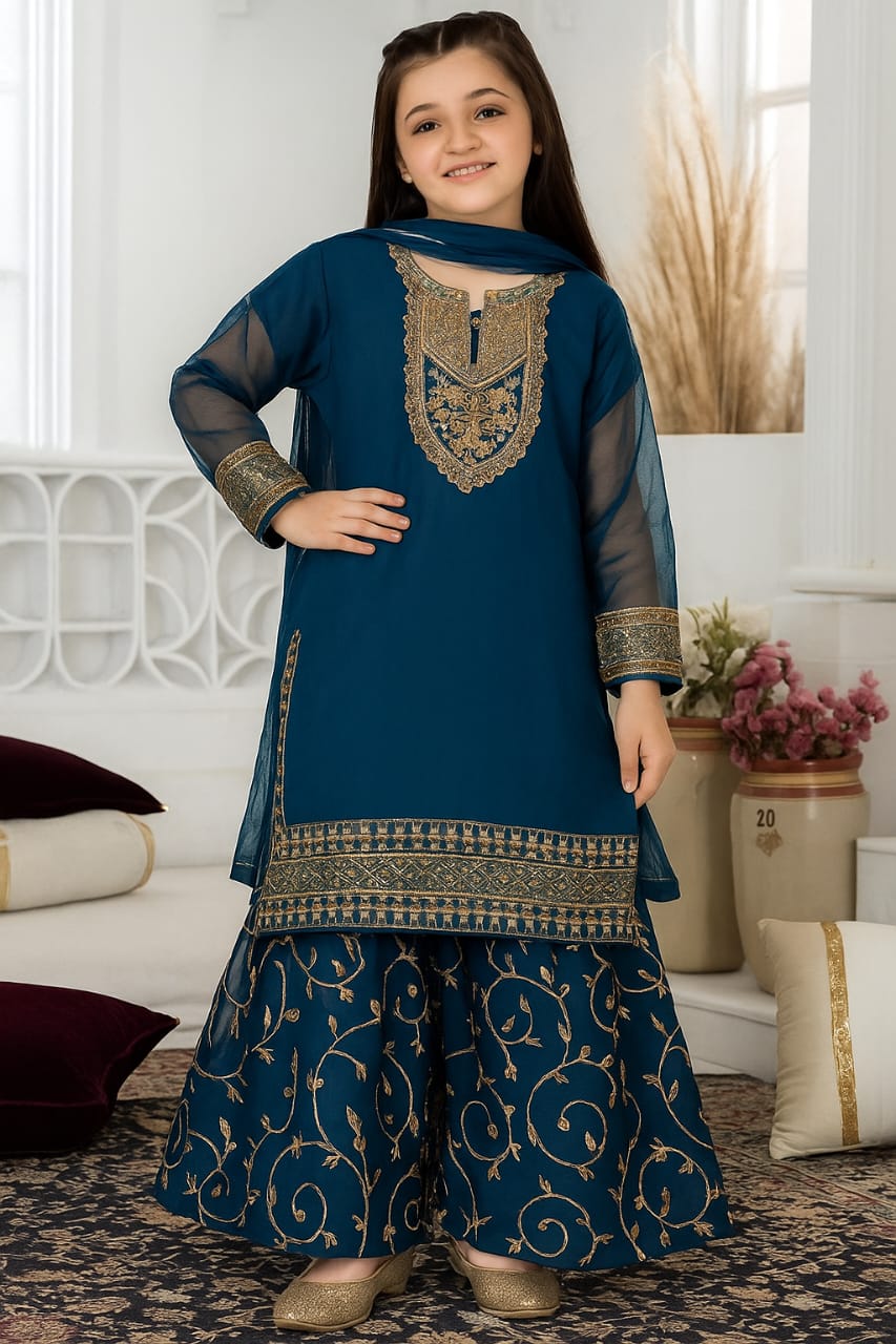 3 Piece Embroidery Chiffon Festive Gharara Suit.