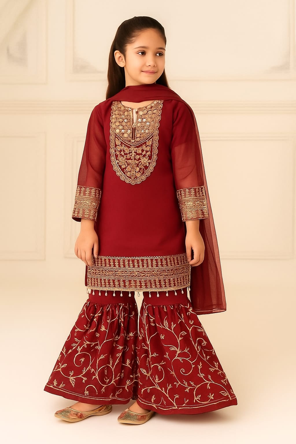 3 Piece Embroidery Chiffon Festive Gharara Suit.