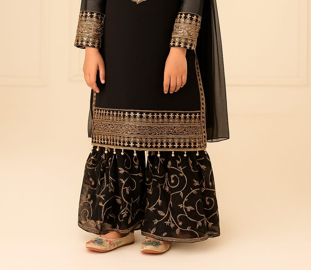 3 Piece Embroidery Chiffon Festive Gharara Suit.