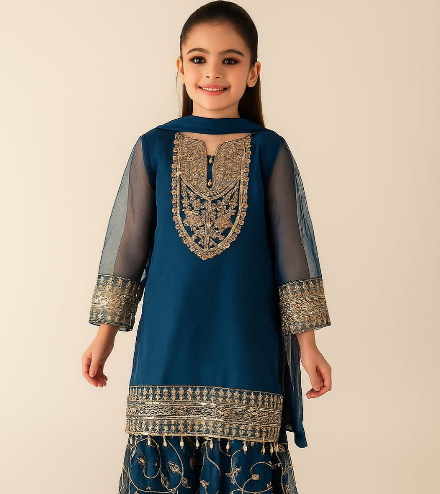 3 Piece Embroidery Chiffon Festive Gharara Suit.