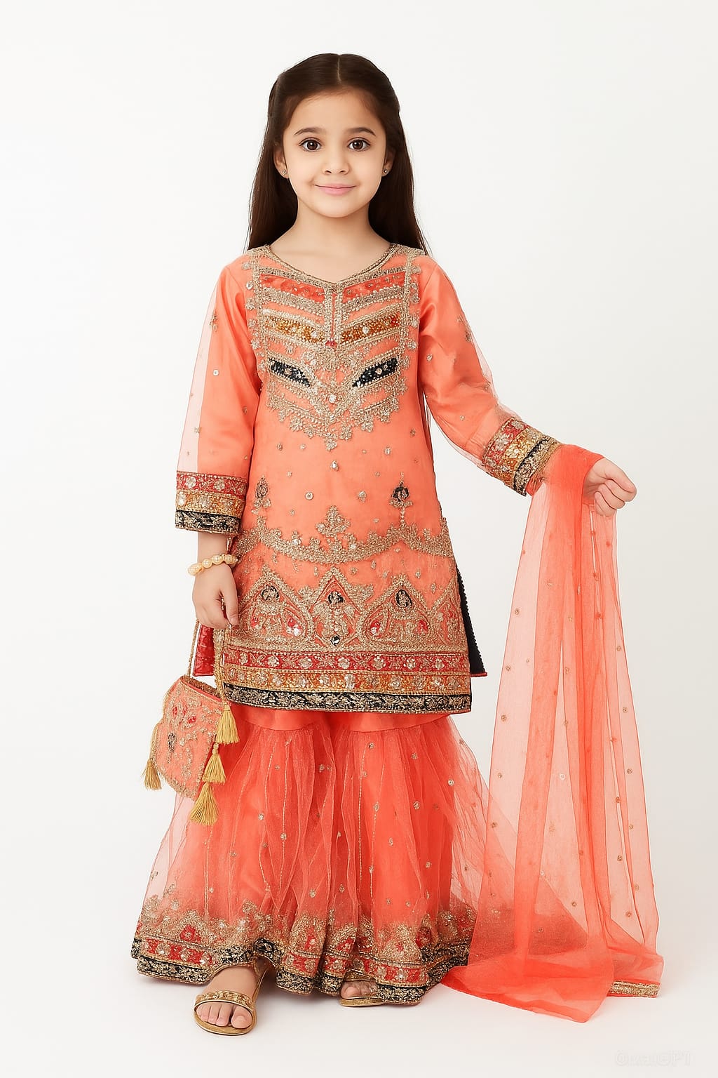 4 piece Silk, kasab Net Embroidery Gharara suit.
