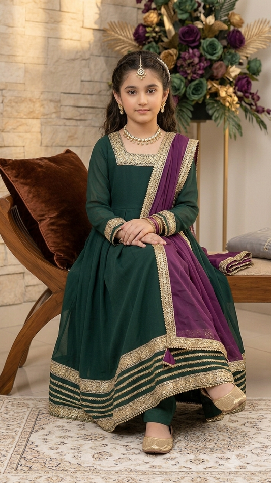 3 Piece Stitched Formal Boutique Wear Long Full Flare Frock Suit.