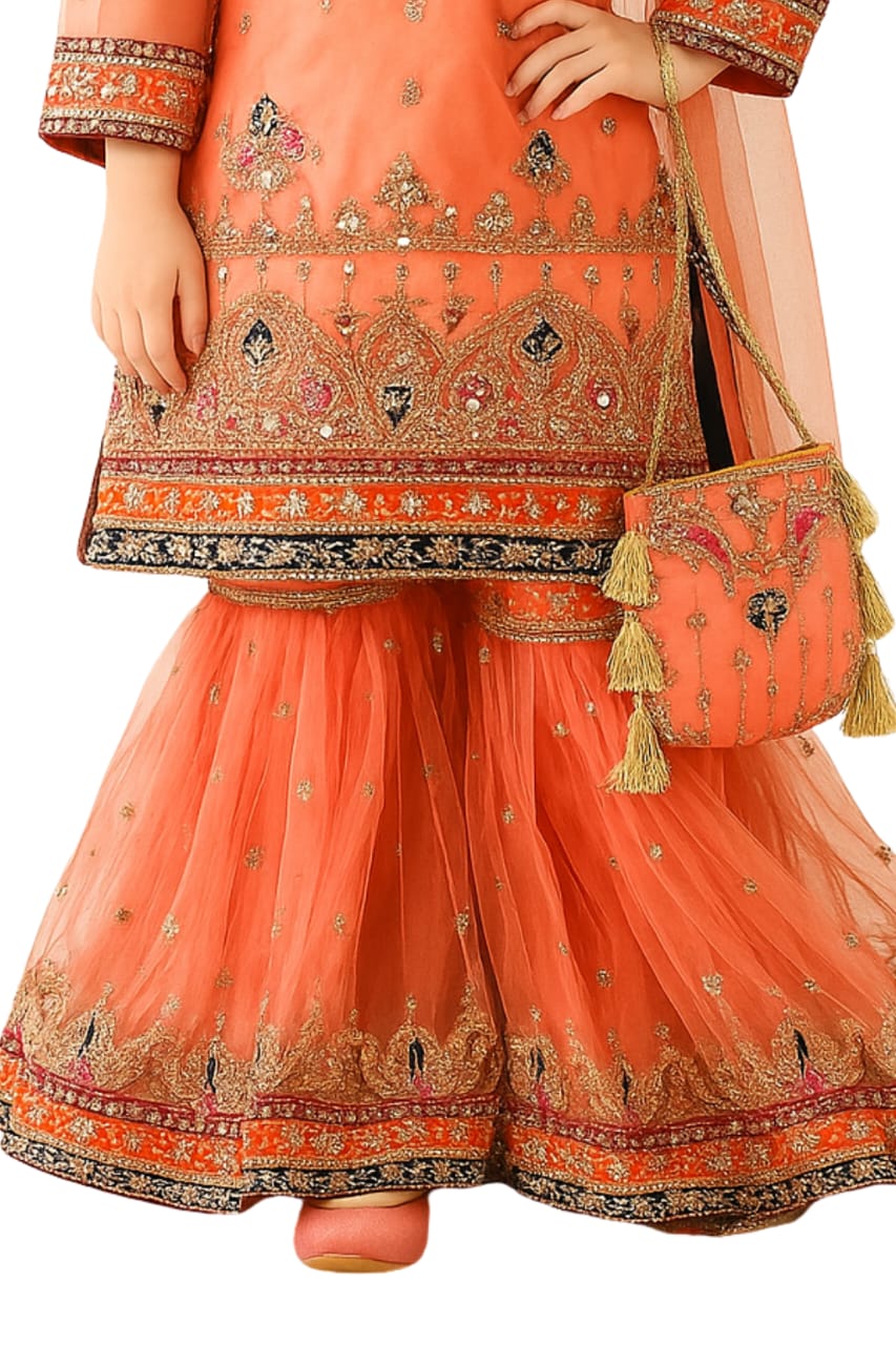 4 piece Silk, kasab Net Embroidery Gharara suit.