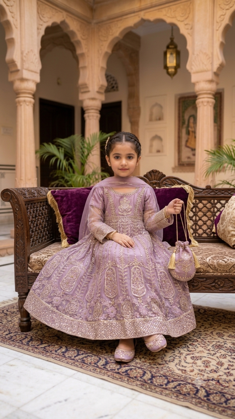 4 Piece Stitched Luxury Embroidery Long Frock Wedding collection With Pouch.