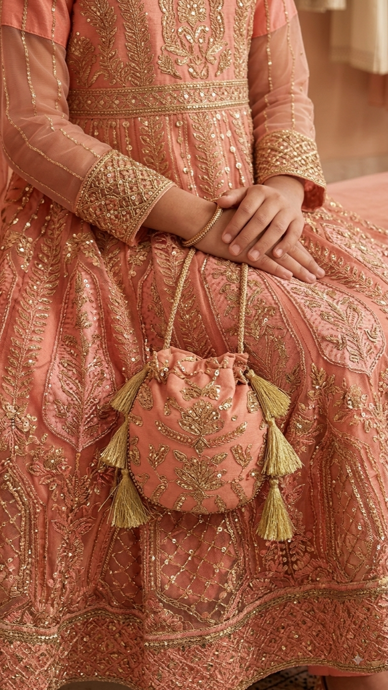 4 Piece Stitched Luxury Embroidery Long Frock Wedding collection With Pouch.