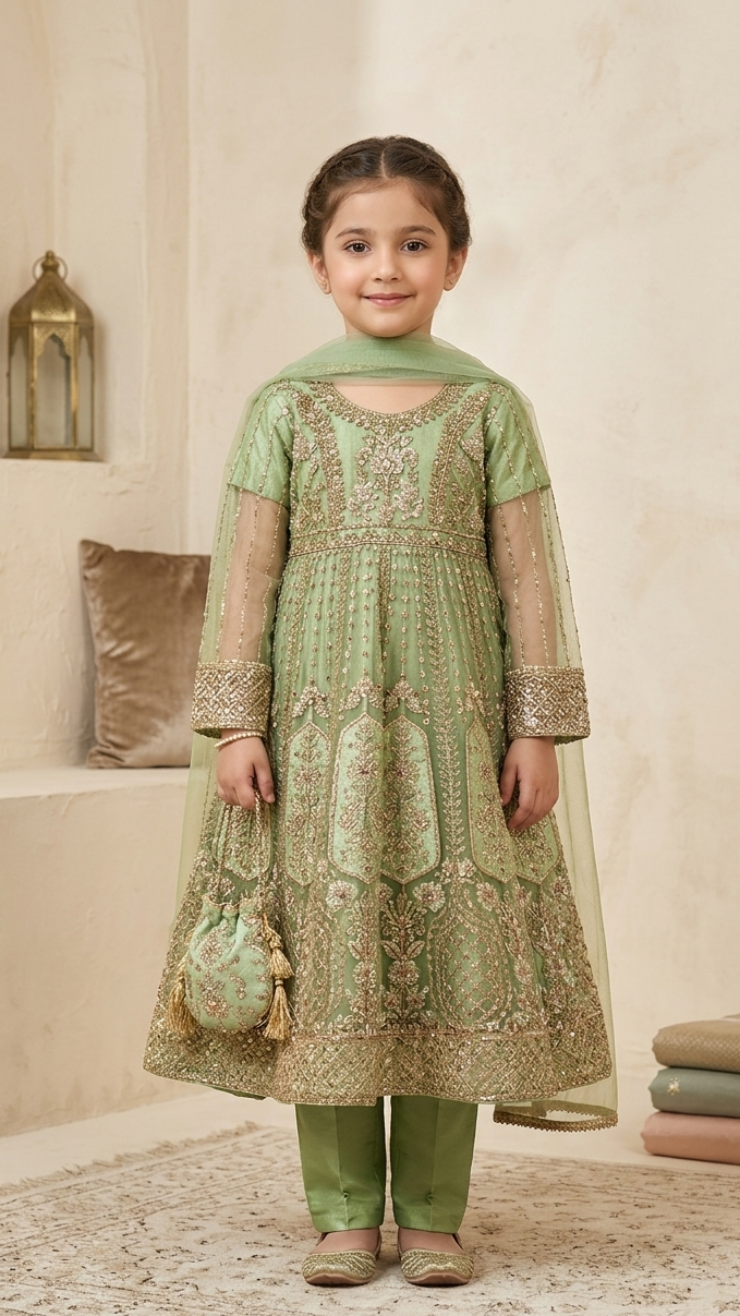 4 Piece Stitched Luxury Embroidery Long Frock Wedding collection With Pouch.