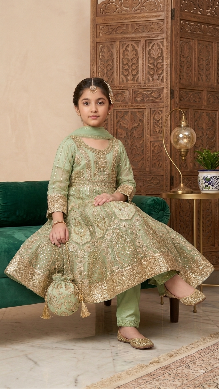 4 Piece Stitched Luxury Embroidery Long Frock Wedding collection With Pouch.
