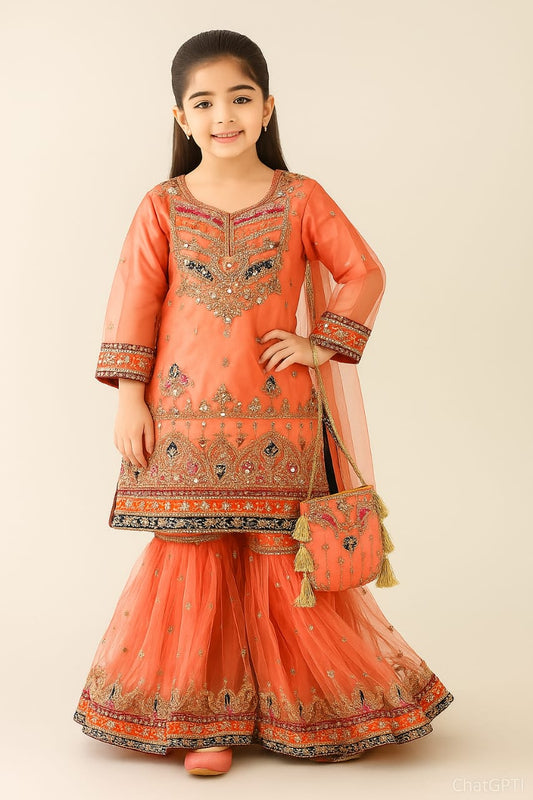 4 piece Silk, kasab Net Embroidery Gharara suit.