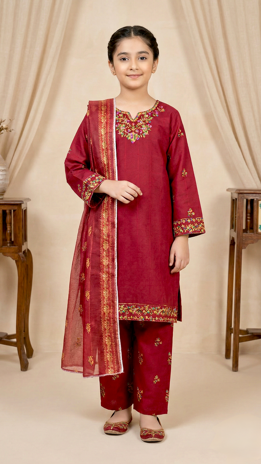 "EID" 3 Piece Luxury Pret Cotton Embroidery Suit.