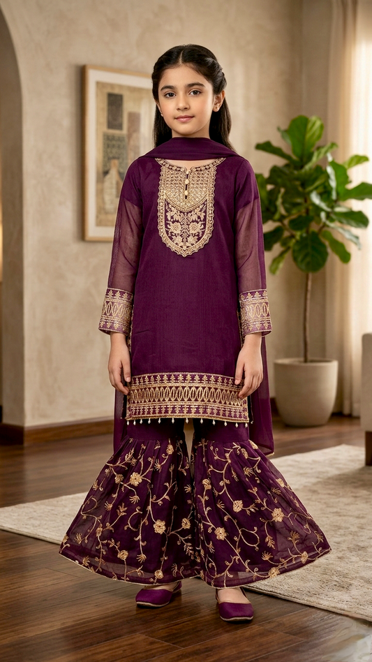 "EID FESTIVE" 2 Piece Chiffon Embroidery Gharara Suit.