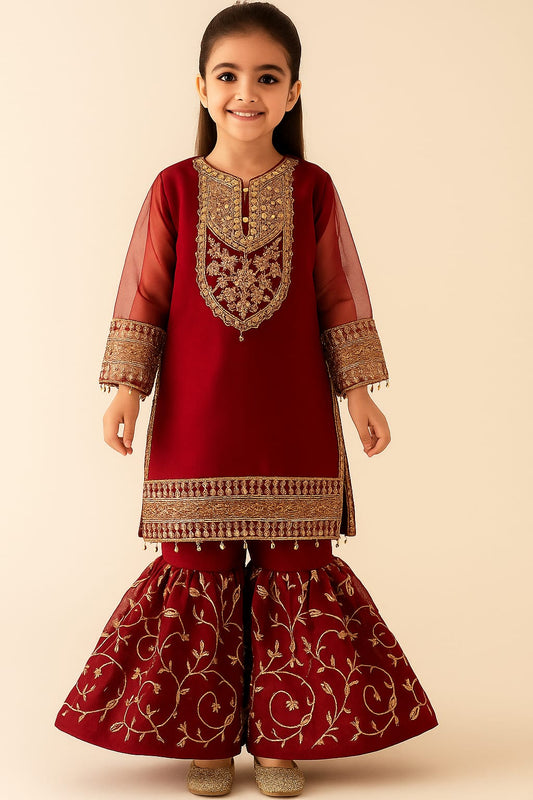 3 Piece Embroidery Chiffon Festive Gharara Suit.