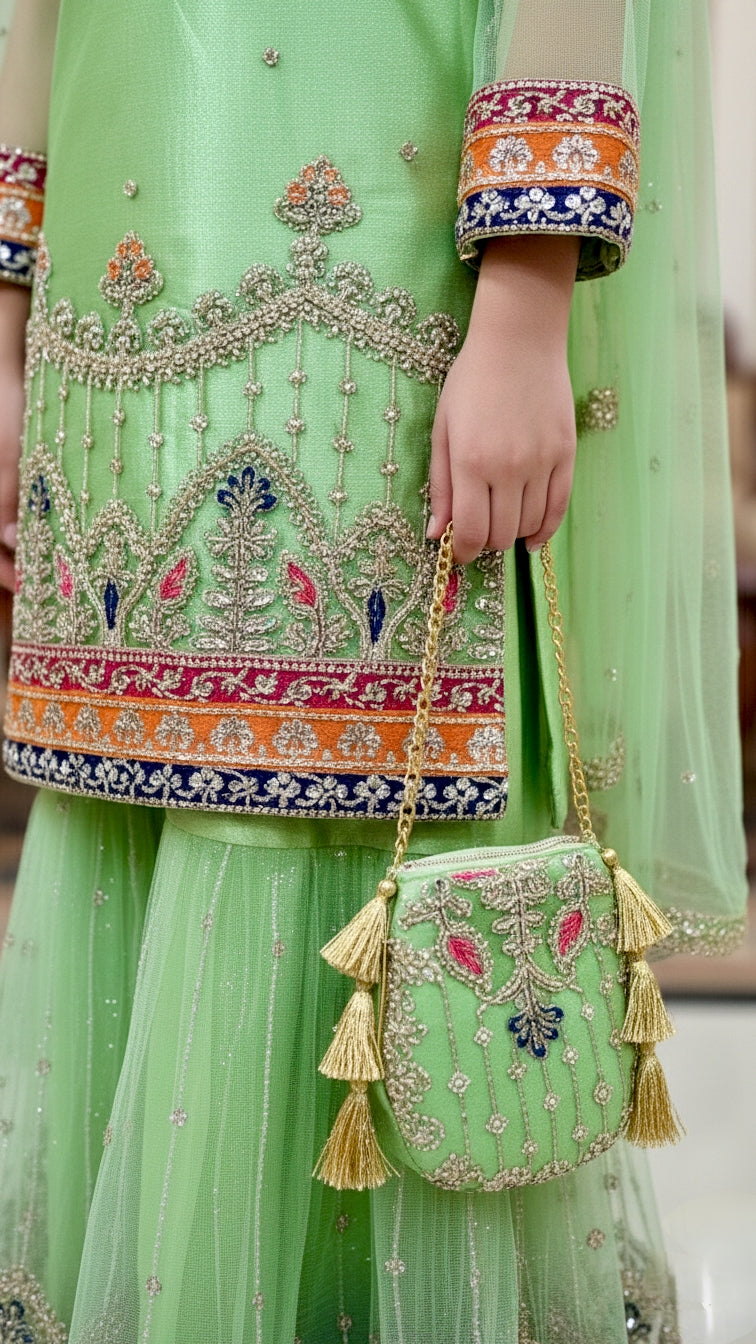 4 piece Satin Silk, kasab Net Embroidery Gharara Suit With Pouch.