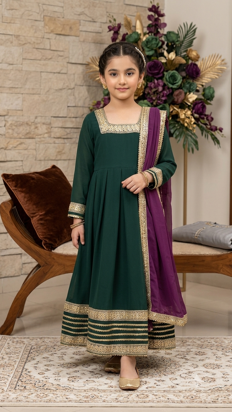 3 Piece Stitched Formal Boutique Wear Long Full Flare Frock Suit.
