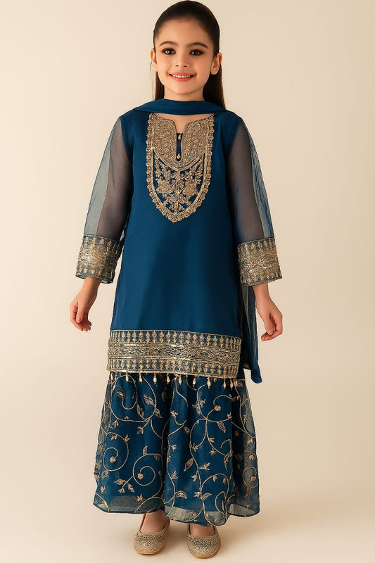 3 Piece Embroidery Chiffon Festive Gharara Suit.