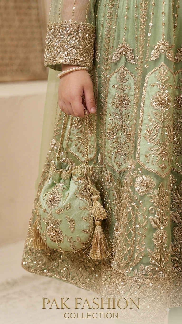 4 Piece Stitched Luxury Embroidery Long Frock Wedding collection With Pouch.