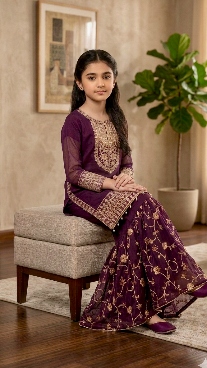 "EID FESTIVE" 2 Piece Chiffon Embroidery Gharara Suit.
