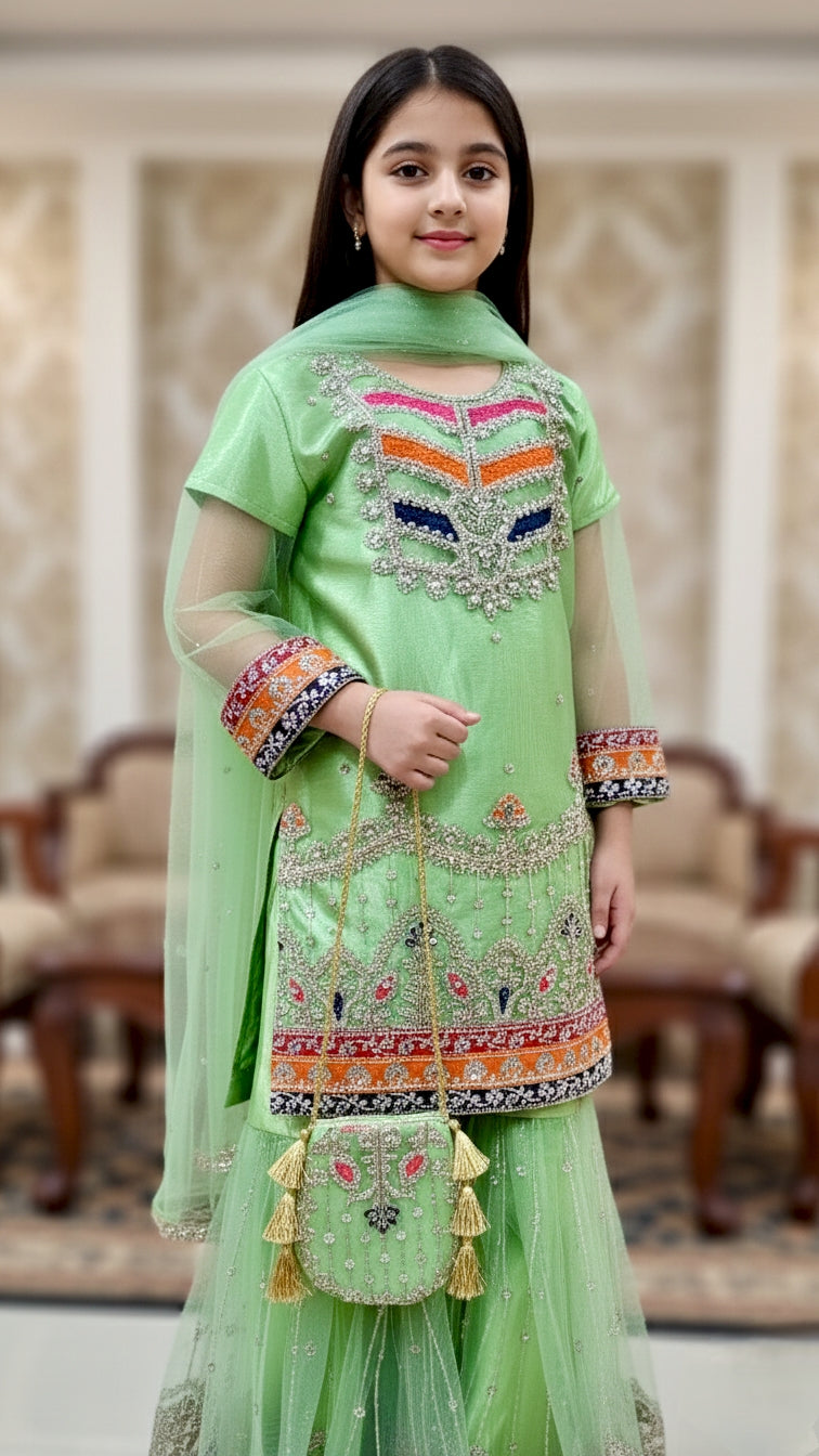 4 piece Satin Silk, kasab Net Embroidery Gharara Suit With Pouch.