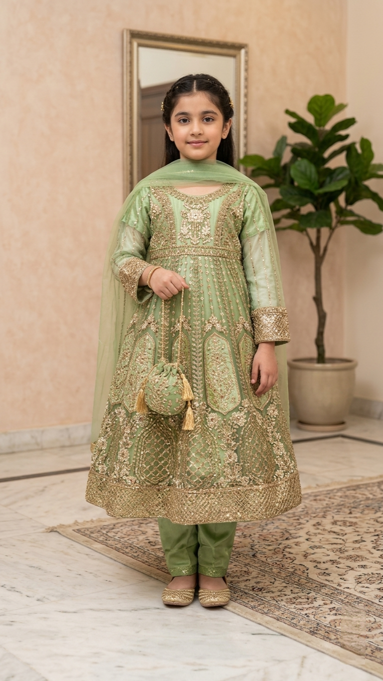 4 Piece Stitched Luxury Embroidery Long Frock Wedding collection With Pouch.