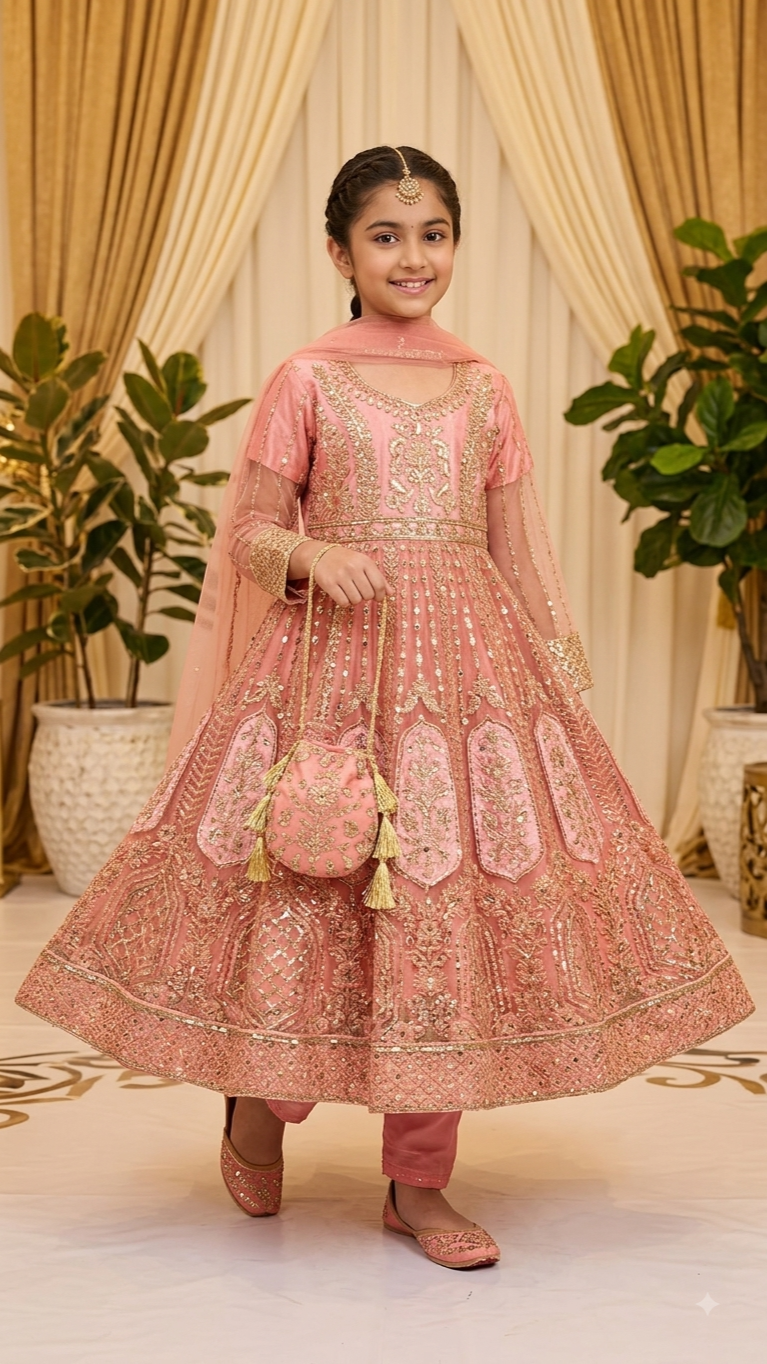 4 Piece Stitched Luxury Embroidery Long Frock Wedding collection With Pouch.