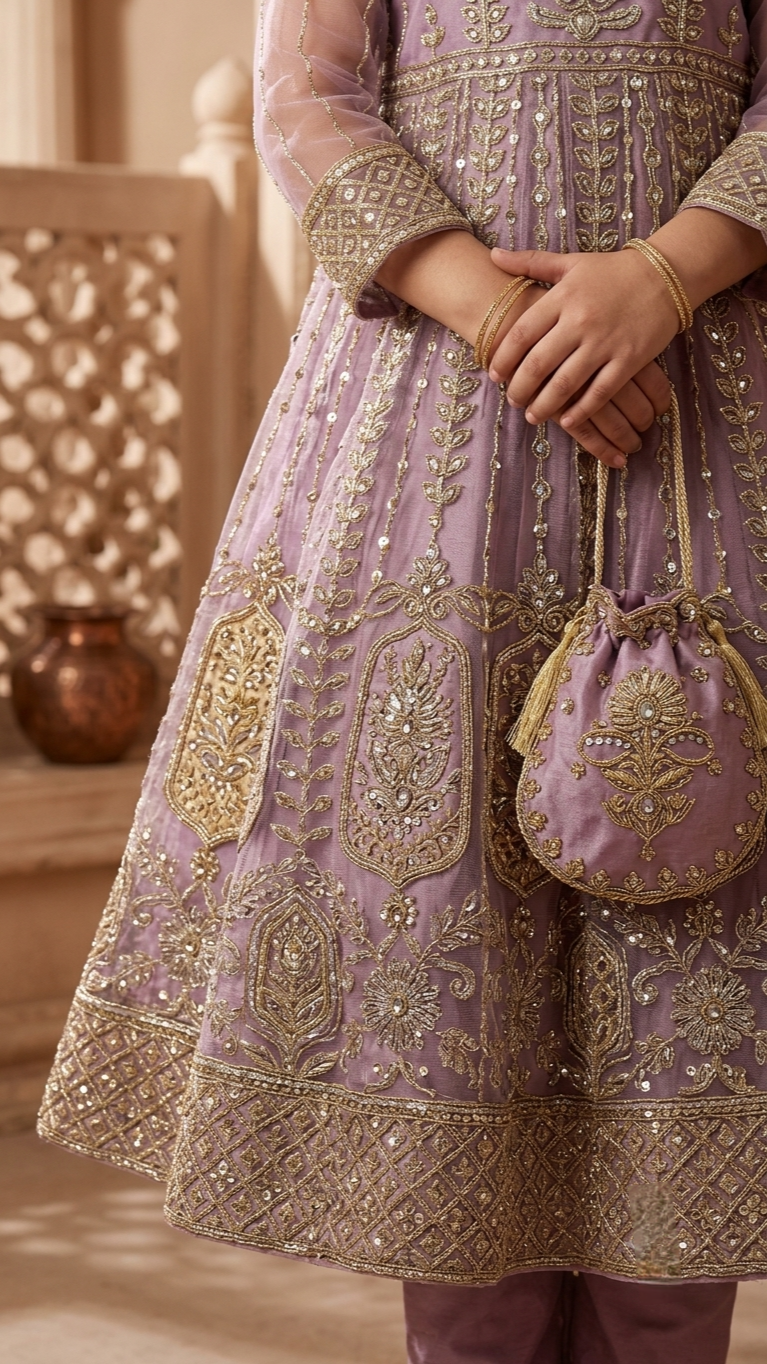 4 Piece Stitched Luxury Embroidery Long Frock Wedding collection With Pouch.