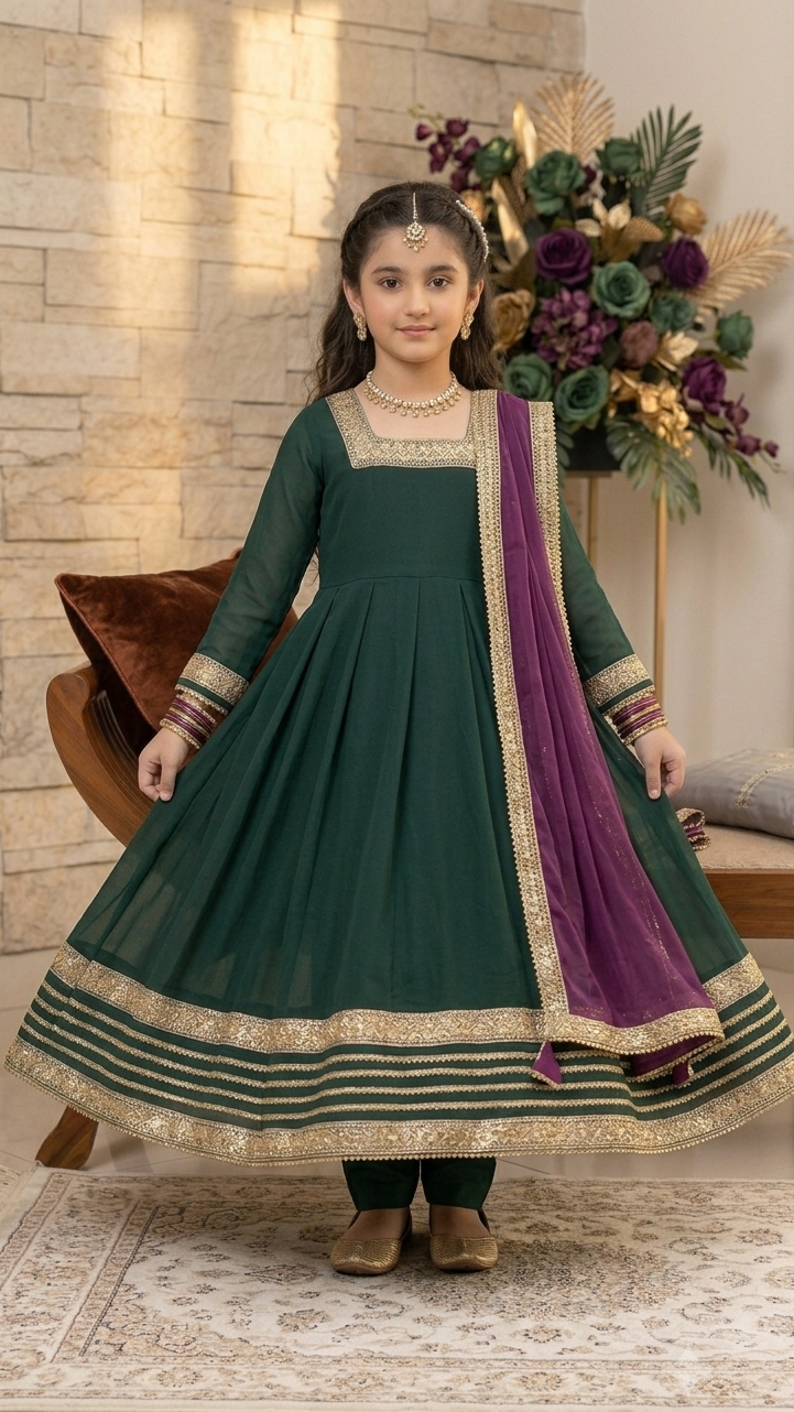3 Piece Stitched Formal Boutique Wear Long Full Flare Frock Suit.