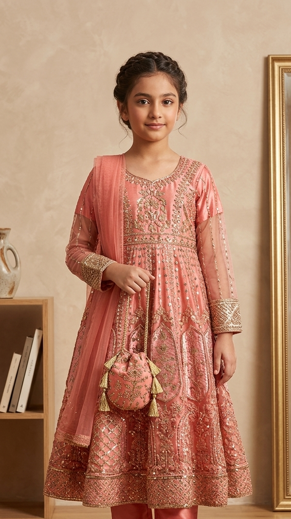 4 Piece Stitched Luxury Embroidery Long Frock Wedding collection With Pouch.
