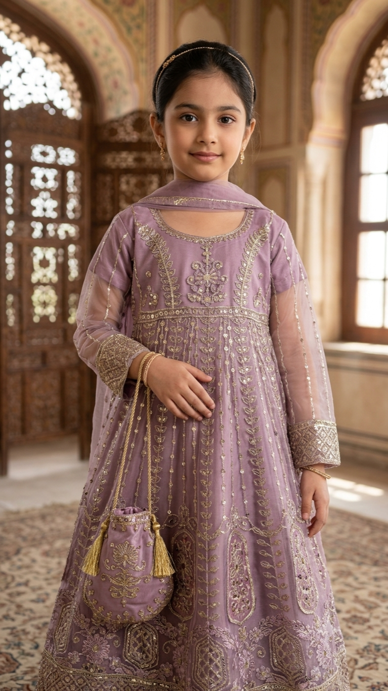 4 Piece Stitched Luxury Embroidery Long Frock Wedding collection With Pouch.