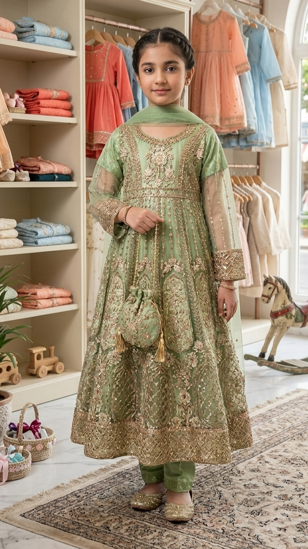 4 Piece Stitched Luxury Embroidery Long Frock Wedding collection With Pouch.