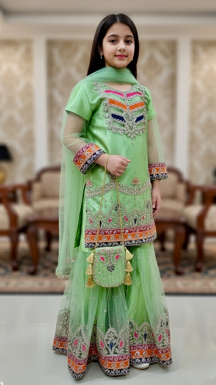 4 piece Satin Silk, kasab Net Embroidery Gharara Suit With Pouch.