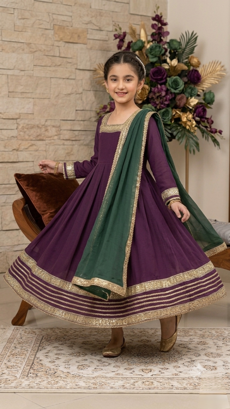 3 Piece Stitched Formal Boutique Wear Long Full Flare Frock Suit.