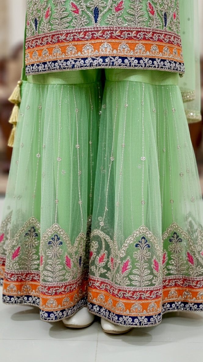 4 piece Satin Silk, kasab Net Embroidery Gharara Suit With Pouch.