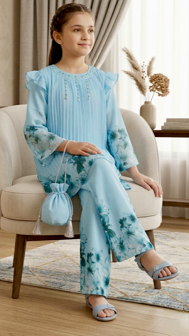 Pearl Work Stylish Western Wear Digital Print Suits With Pouch.