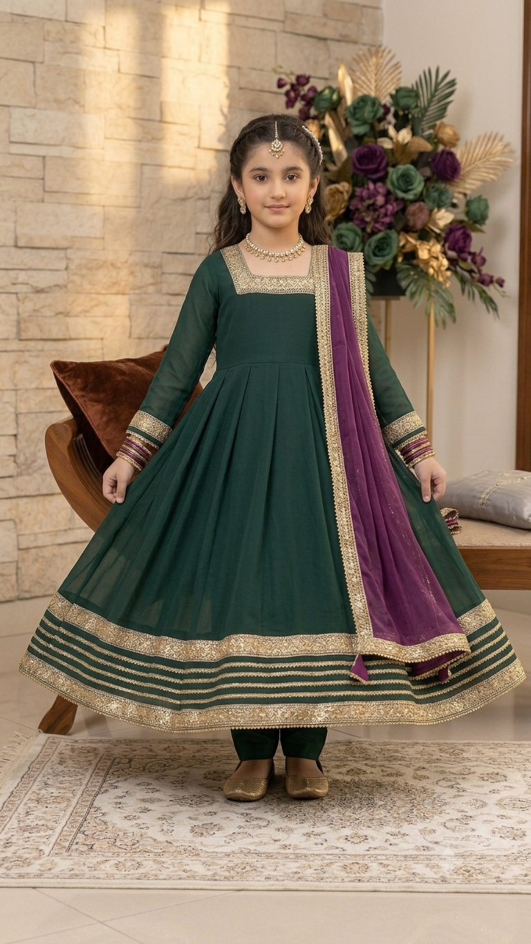 3 Piece Stitched Formal Boutique Wear Long Full Flare Frock Suit.