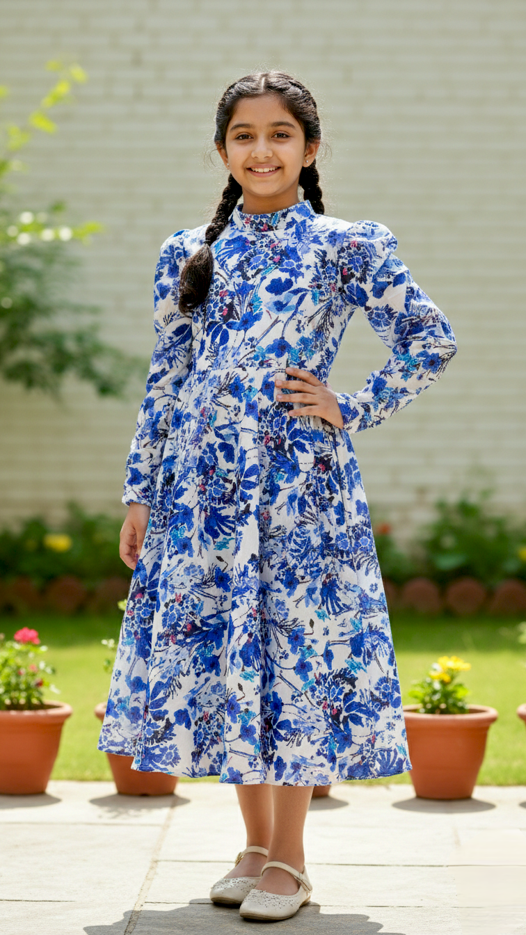 Beautiful Side Knot Puff Sleeves long  Frock.