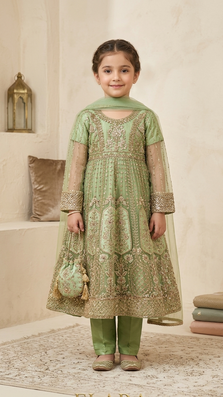 4 Piece Stitched Luxury Embroidery Long Frock Wedding collection With Pouch.