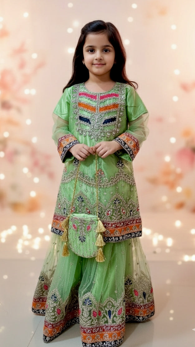 4 piece Satin Silk, kasab Net Embroidery Gharara Suit With Pouch.