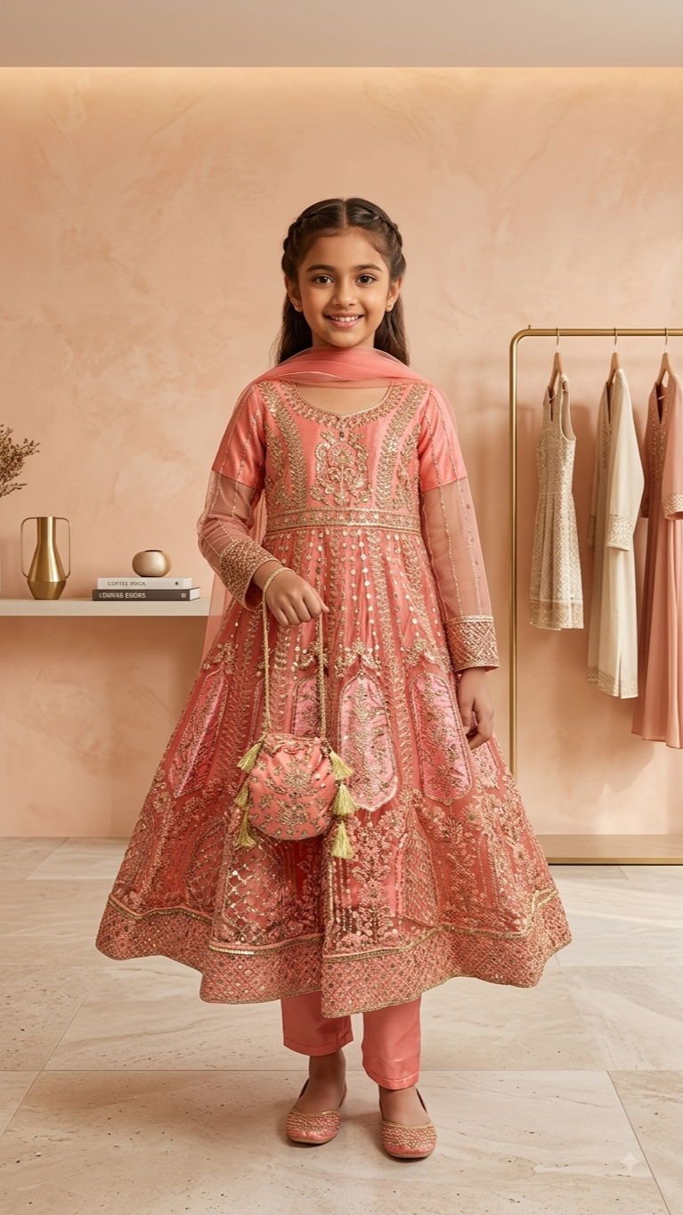 4 Piece Stitched Luxury Embroidery Long Frock Wedding collection With Pouch.