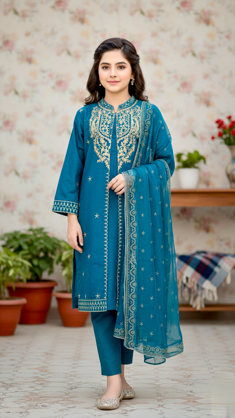 "EID" Luxury Pret Cotton 3 Piece Embroidery Suit.