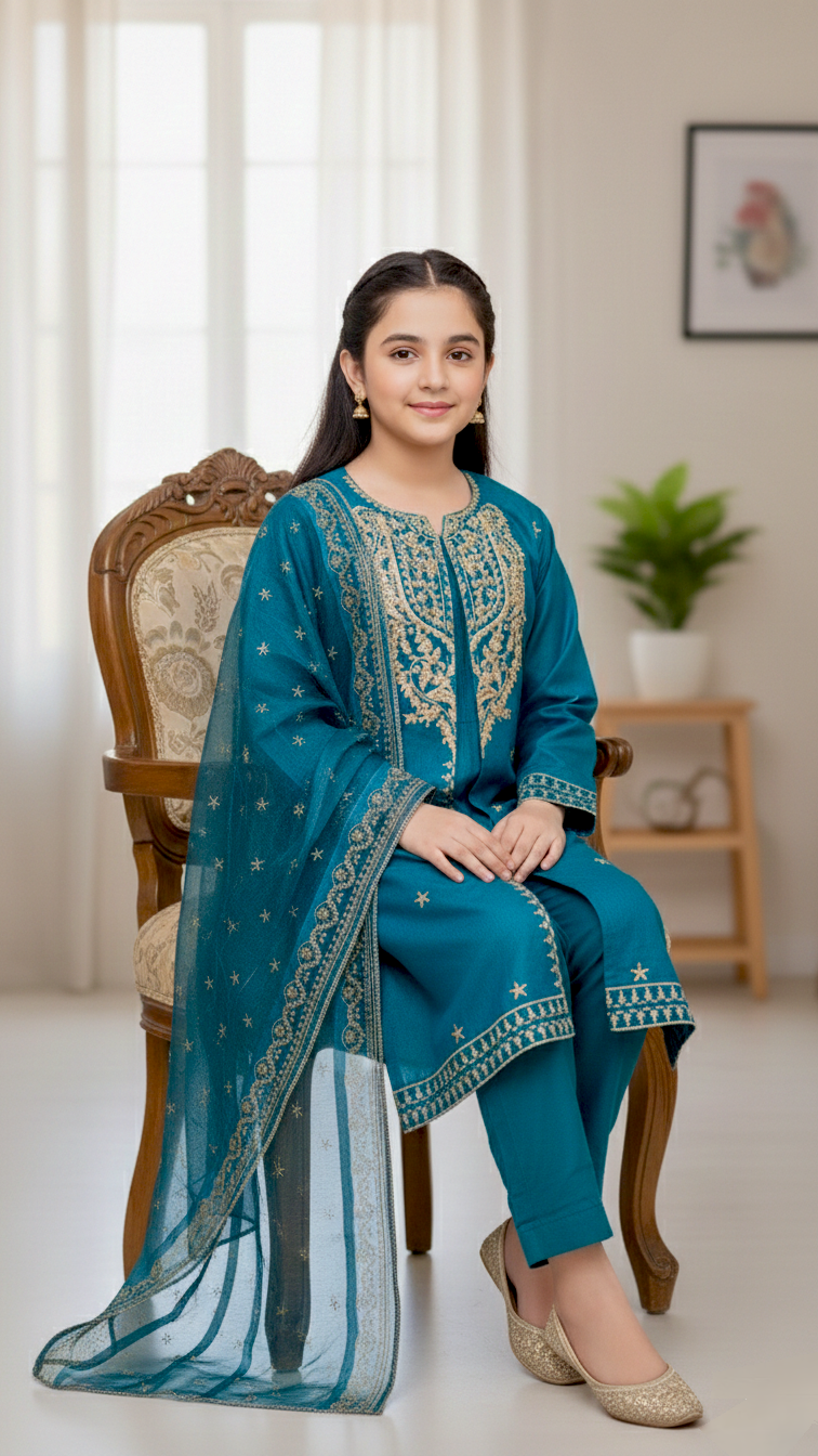 "EID" Luxury Pret Cotton 3 Piece Embroidery Suit.