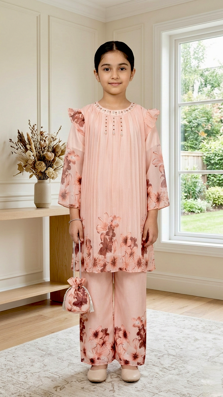 Pearl Work Stylish Western Wear Digital Print Suits With Pouch.