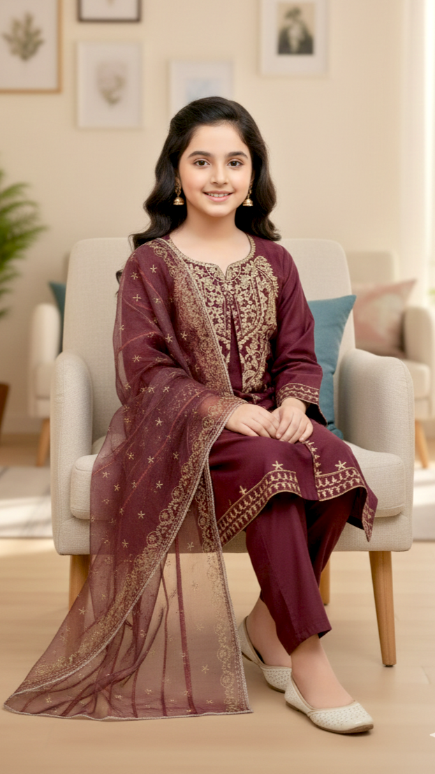 "EID" Luxury Pret Cotton 3 Piece Embroidery Suit.