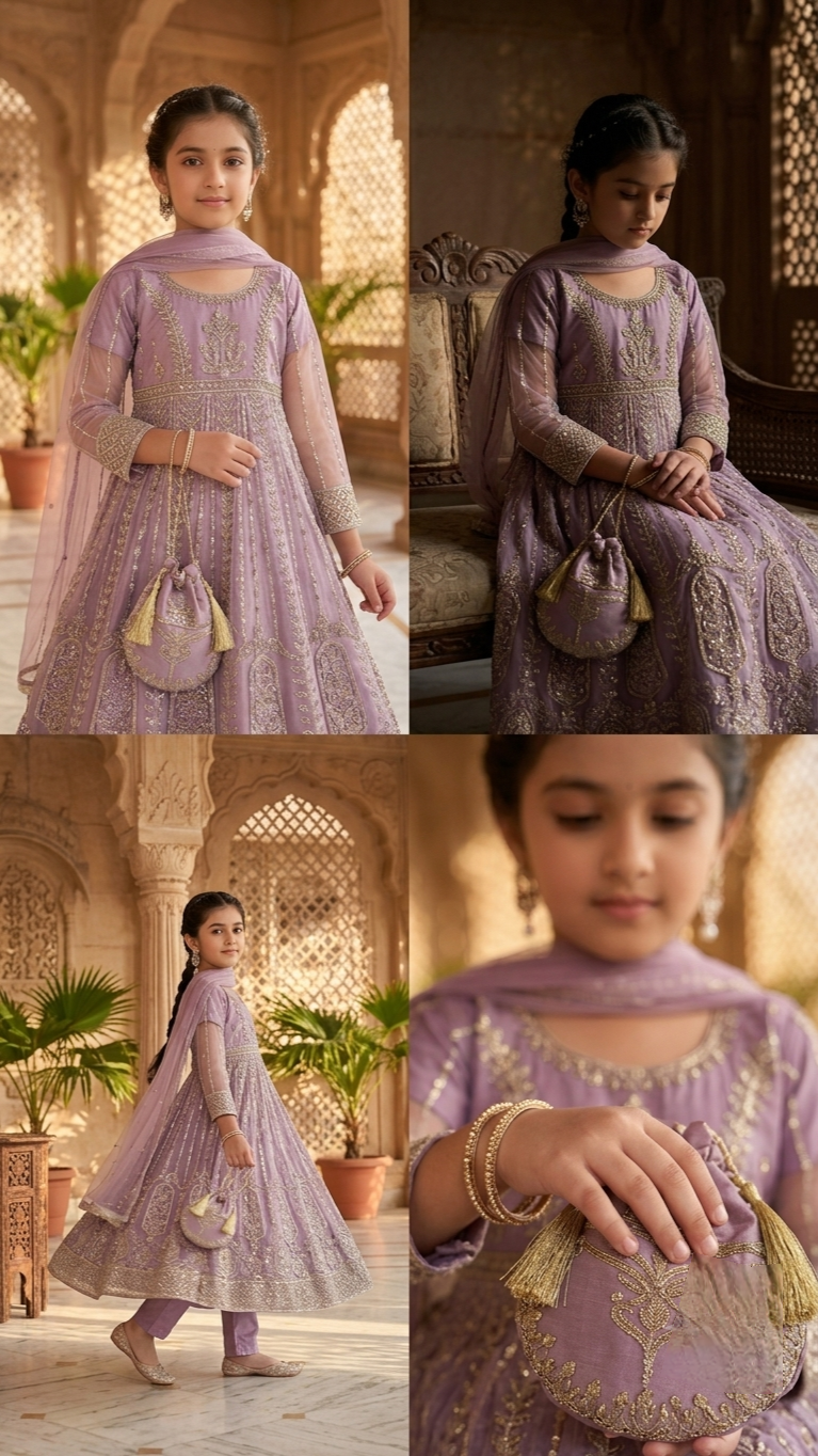 4 Piece Stitched Luxury Embroidery Long Frock Wedding collection With Pouch.