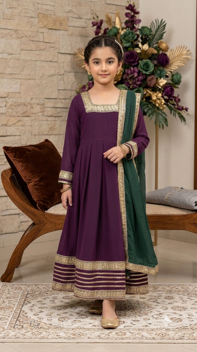 3 Piece Stitched Formal Boutique Wear Long Full Flare Frock Suit.
