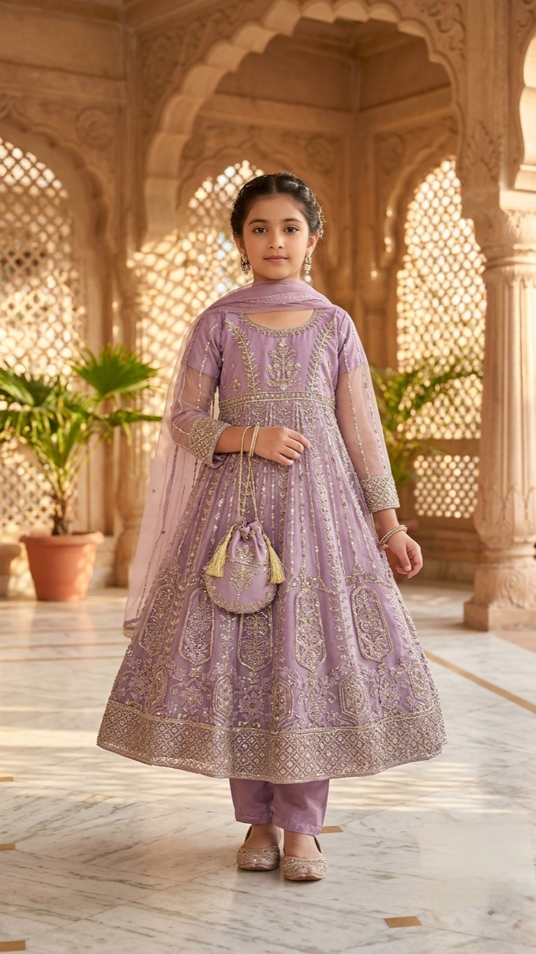 4 Piece Stitched Luxury Embroidery Long Frock Wedding collection With Pouch.