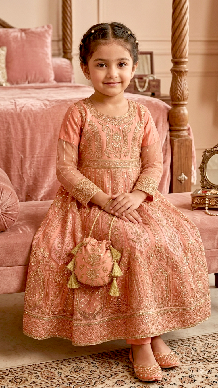 4 Piece Stitched Luxury Embroidery Long Frock Wedding collection With Pouch.