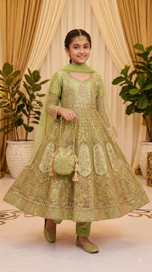 4 Piece Stitched Luxury Embroidery Long Frock Wedding collection With Pouch.