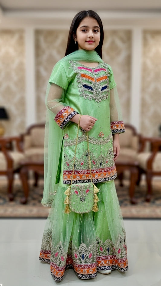 4 piece Satin Silk, kasab Net Embroidery Gharara Suit With Pouch.